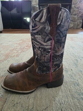 Women's Ariat Square Toe Brown Leather Boot with Camo Uppers